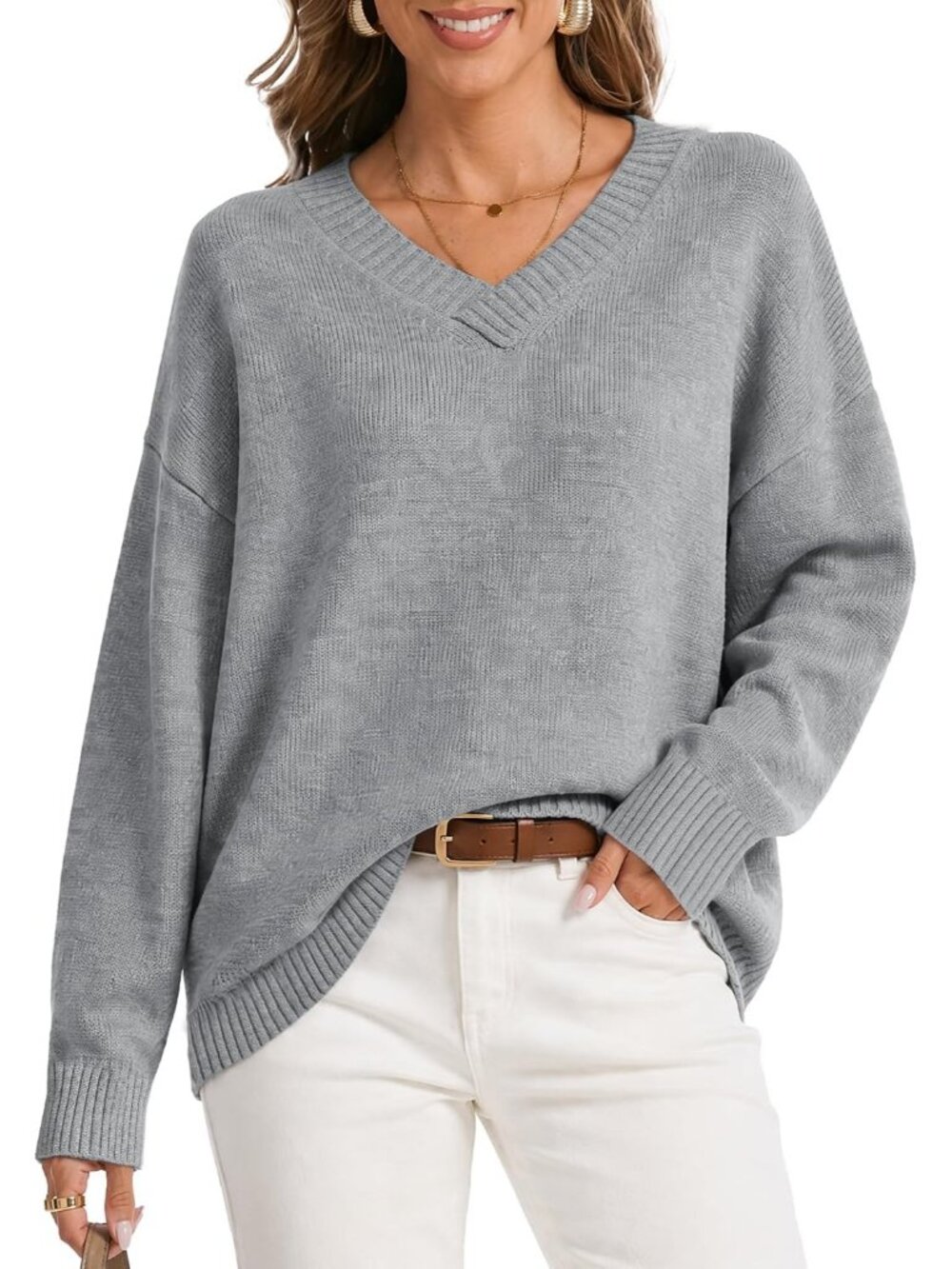Women's Grey Lightweight Long Sleeve Oversized Cashmere Blend V Neck Sweaters